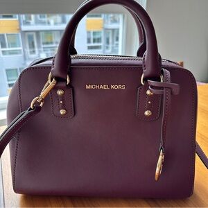 Michael Kors Sandrine Small Saffiano Leather Satchel Bag Merlot/Burgundy color